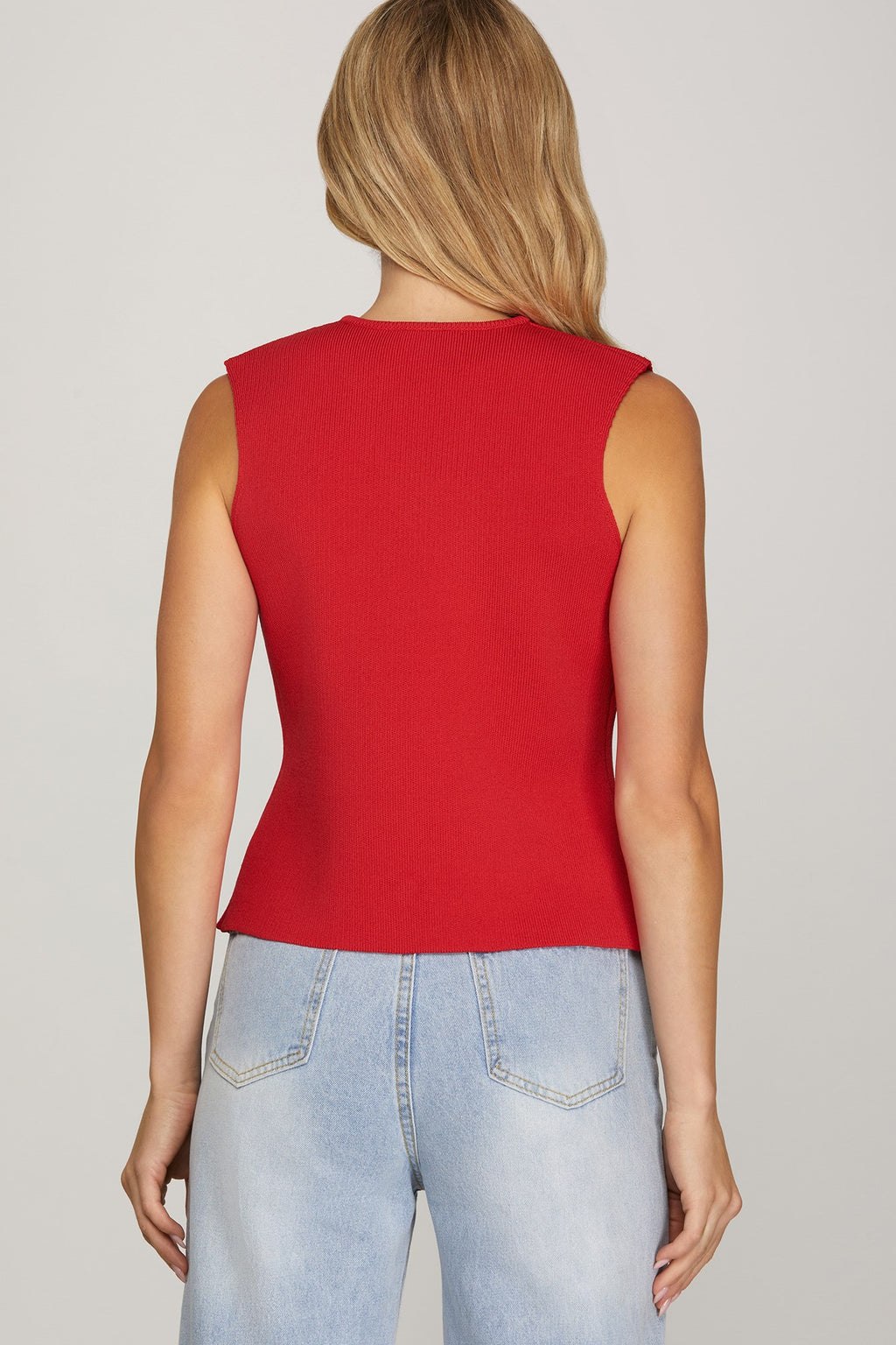 Red Sleeveless Gold Button Knit Sweater Vest