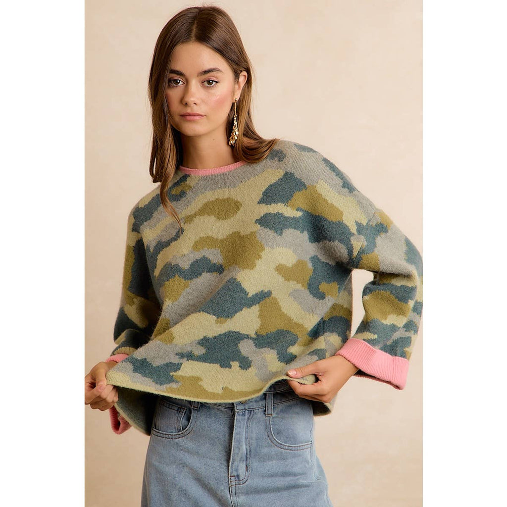 CAMO CONTRAST NECK AND ROLL UP SWEATER