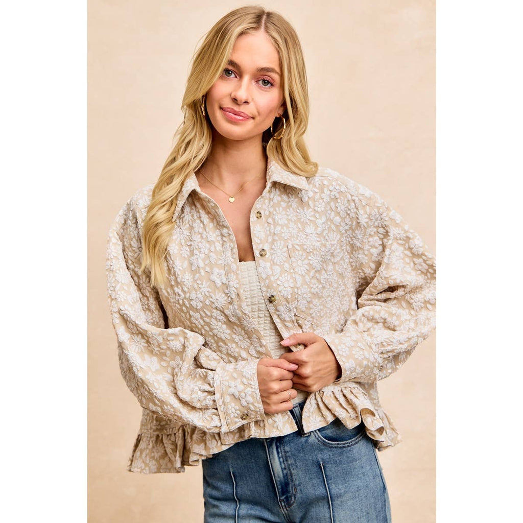 TEXTURED FLORAL PATTERN RUFFLED HEM TOP