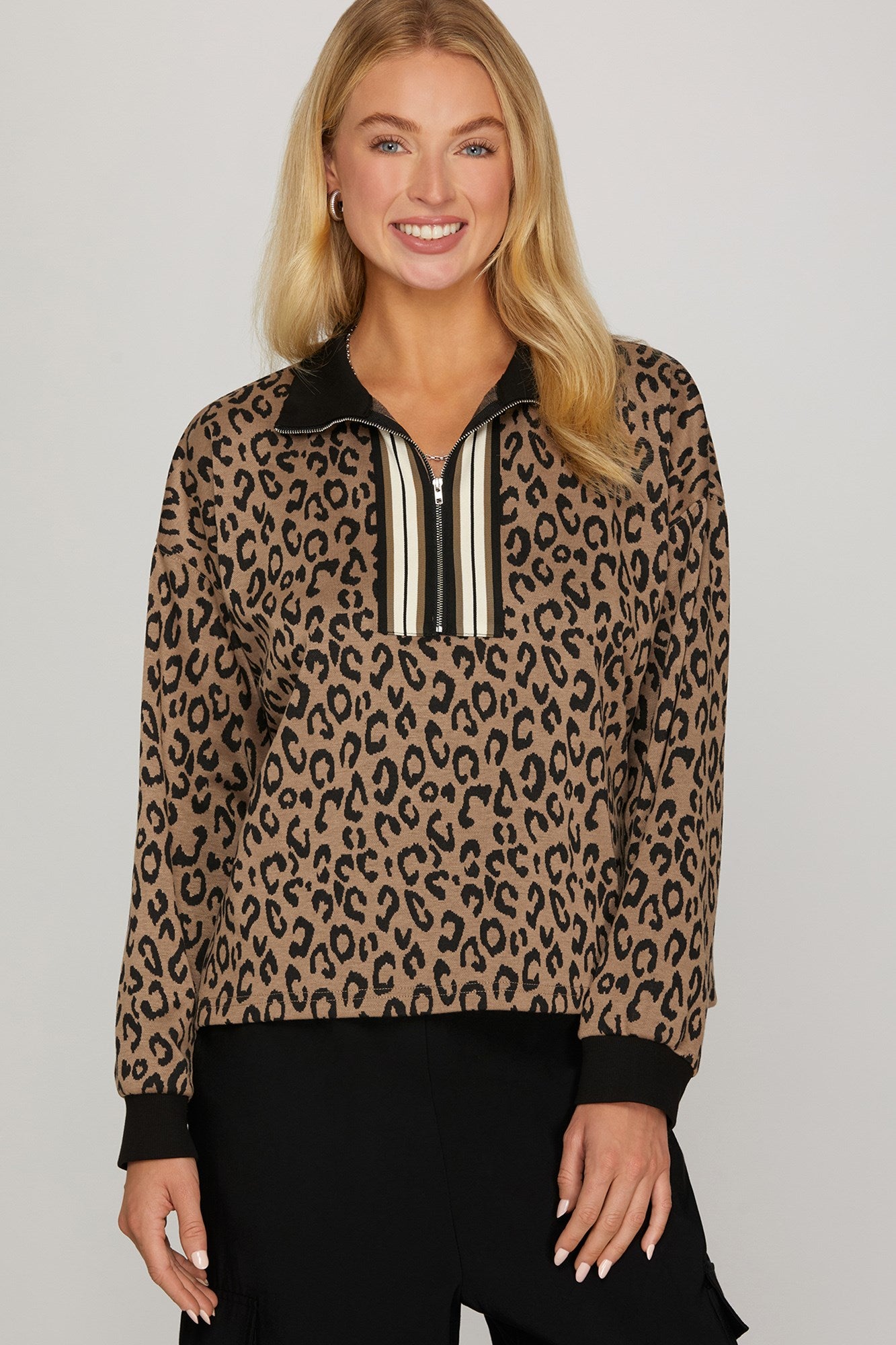 Long Sleeve Half Zip Collar Leopard Knit Top