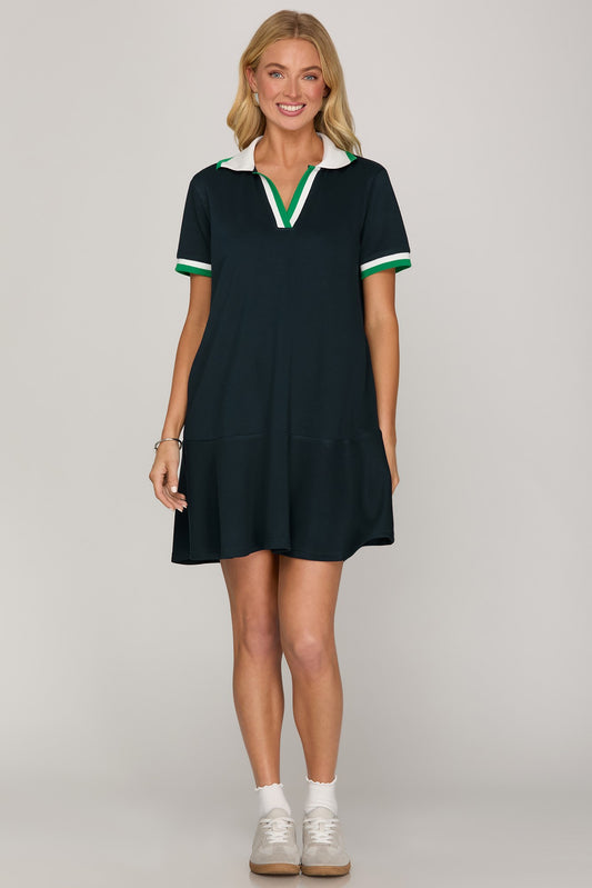 Navy SHORT SLEEVE RIB COLLAR dress
