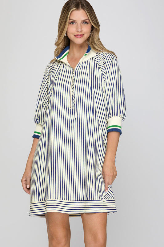 Navy 1/2 SLEEVE HALF ZIP STRIPED Dress