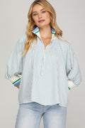 Blue 3/4 SLEEVE HALF ZIP STRIPED TOP