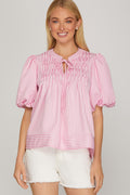 Pink PUFF SLEEVE PINTUCK Blouse