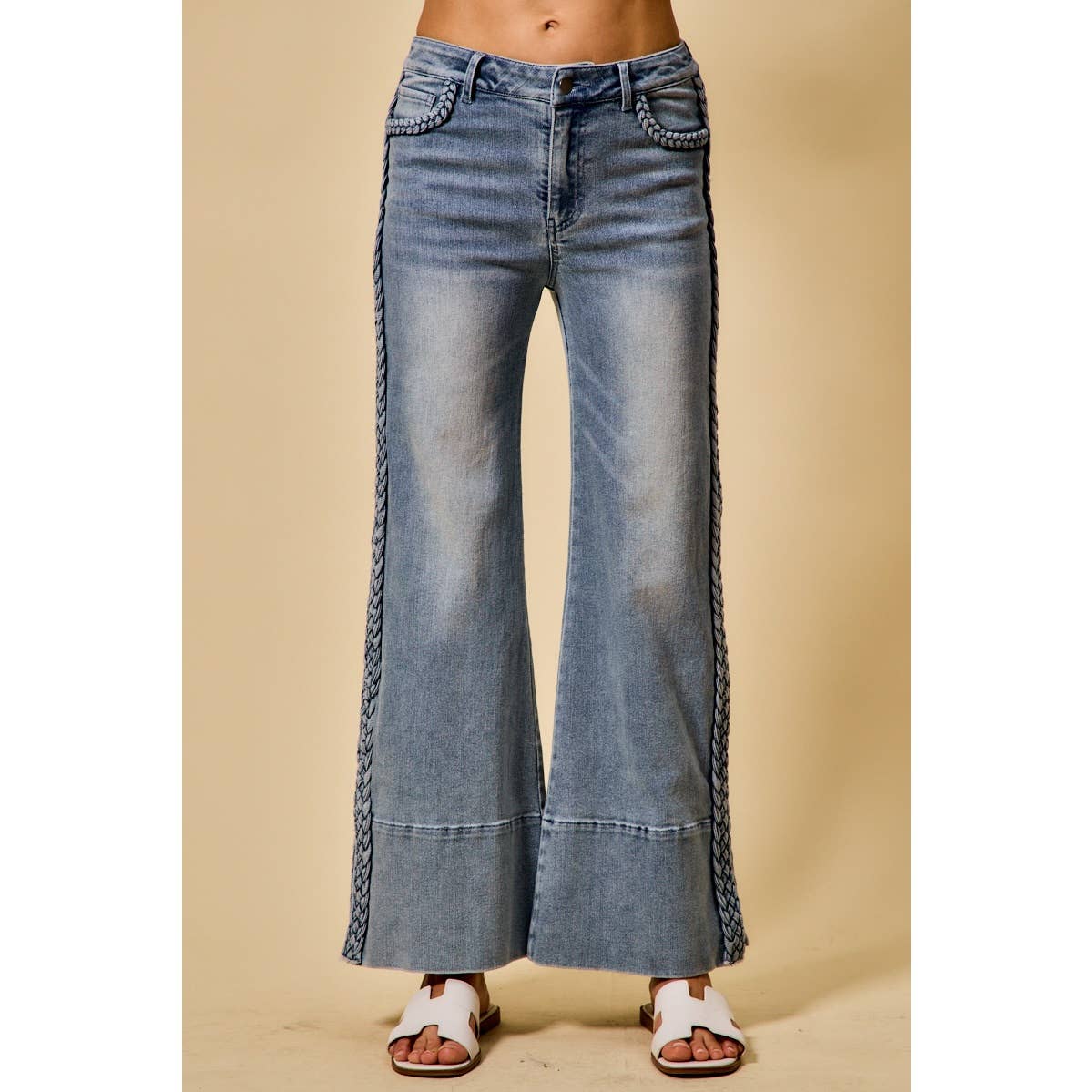 WIDE LEG FLARE DENIM JEANS WITH SIDE  BRAIDS