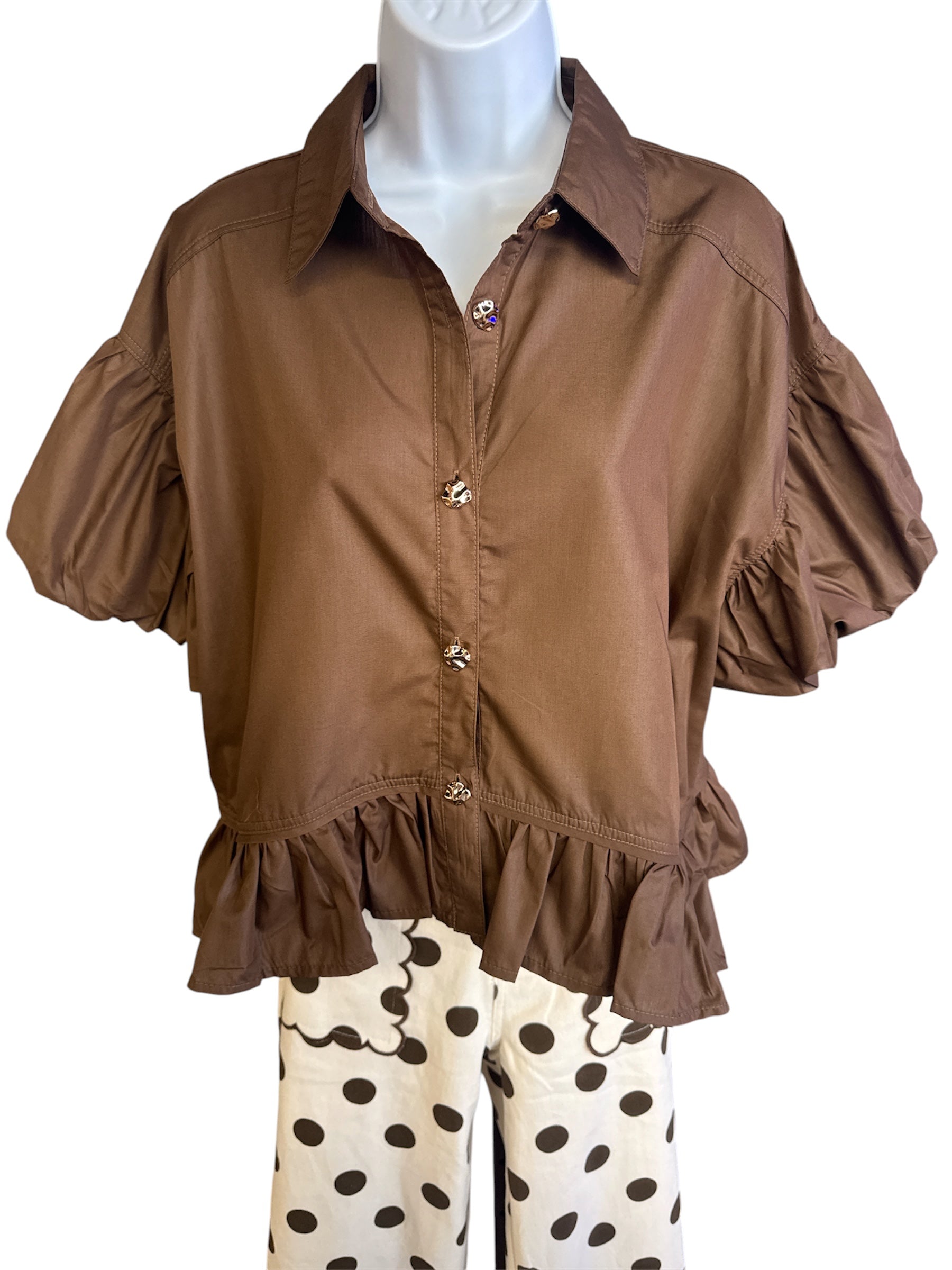 Brown Ruffle/Puff Sleeve Blouse