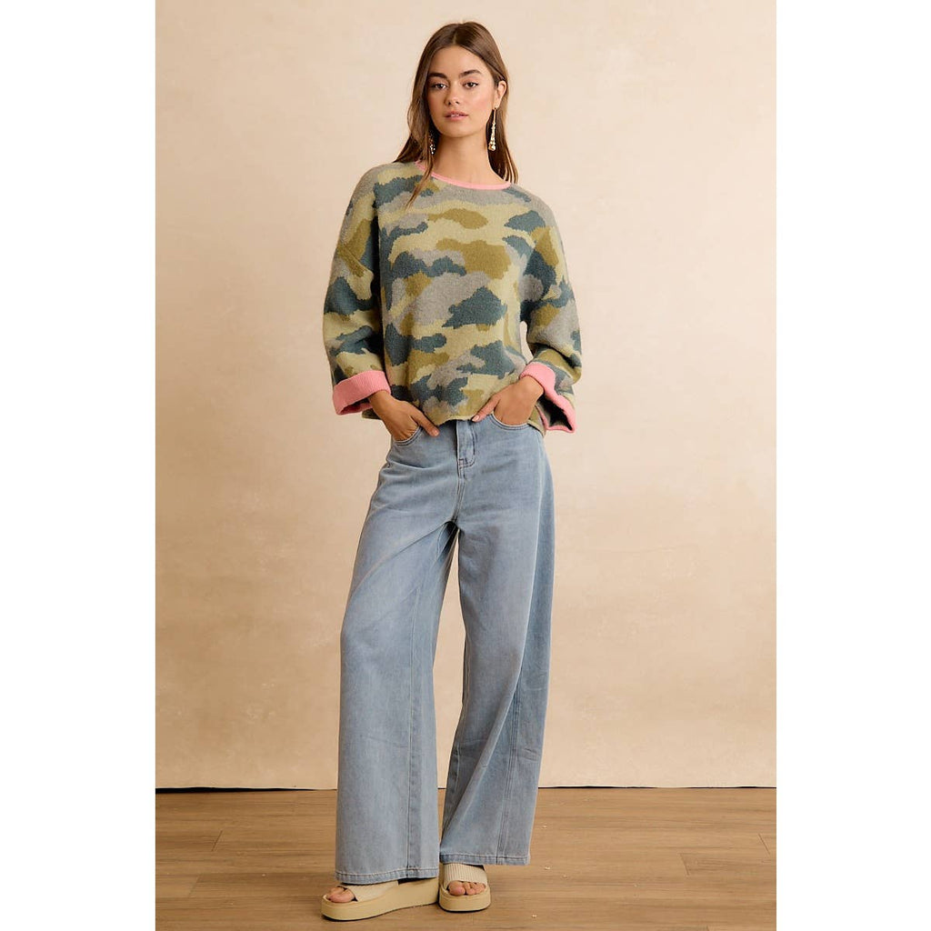 CAMO CONTRAST NECK AND ROLL UP SWEATER