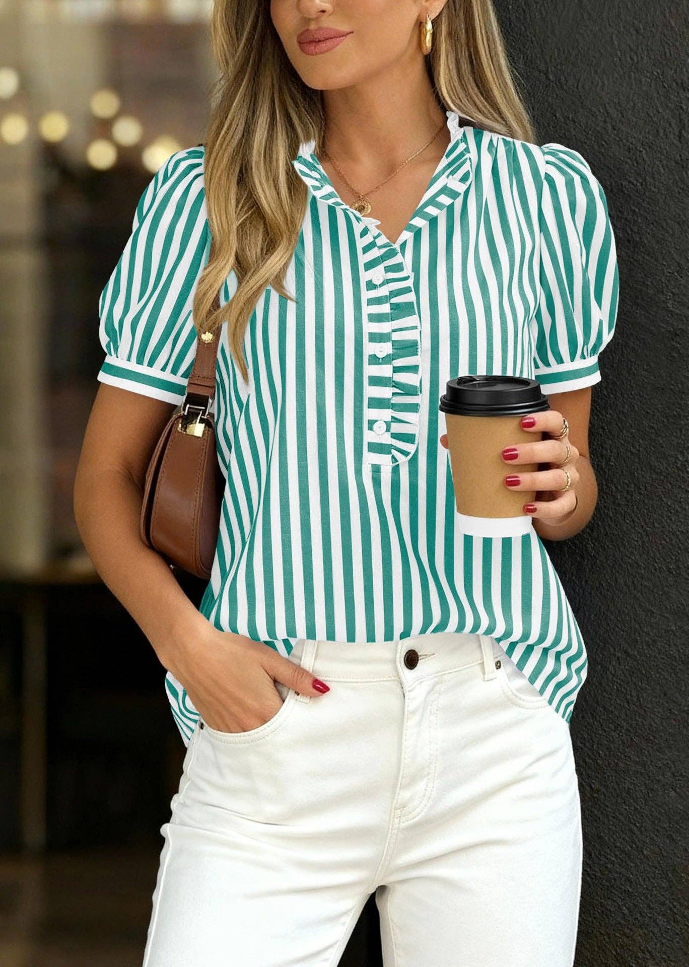 Striped Ruffle Trim Blouse V Neck Puff Sleeve
