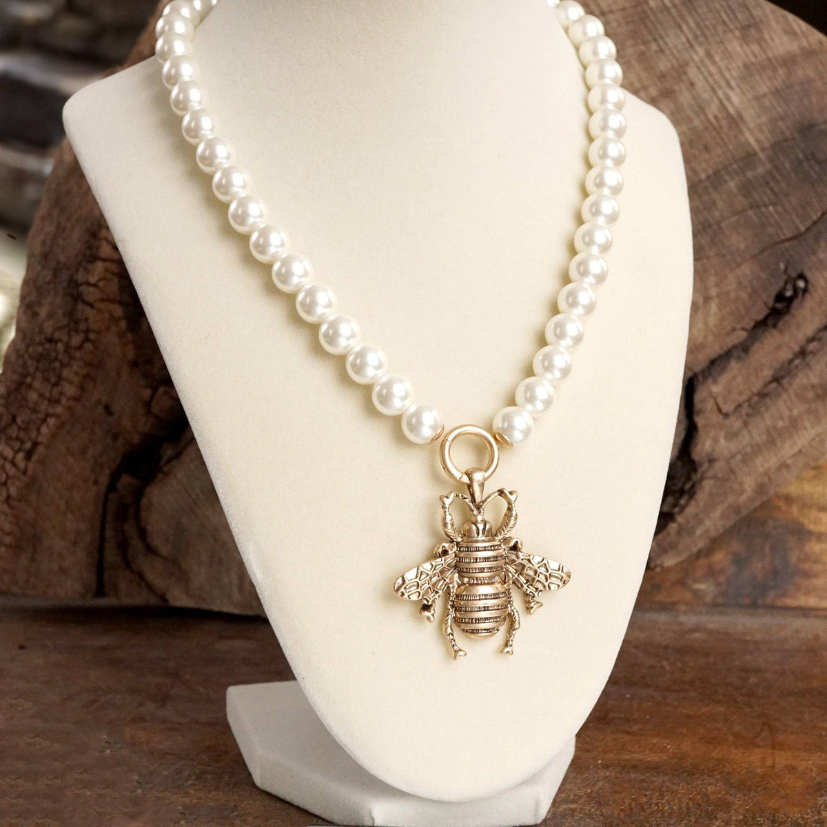 Boho Bee Pearls Necklace in Worn Gold