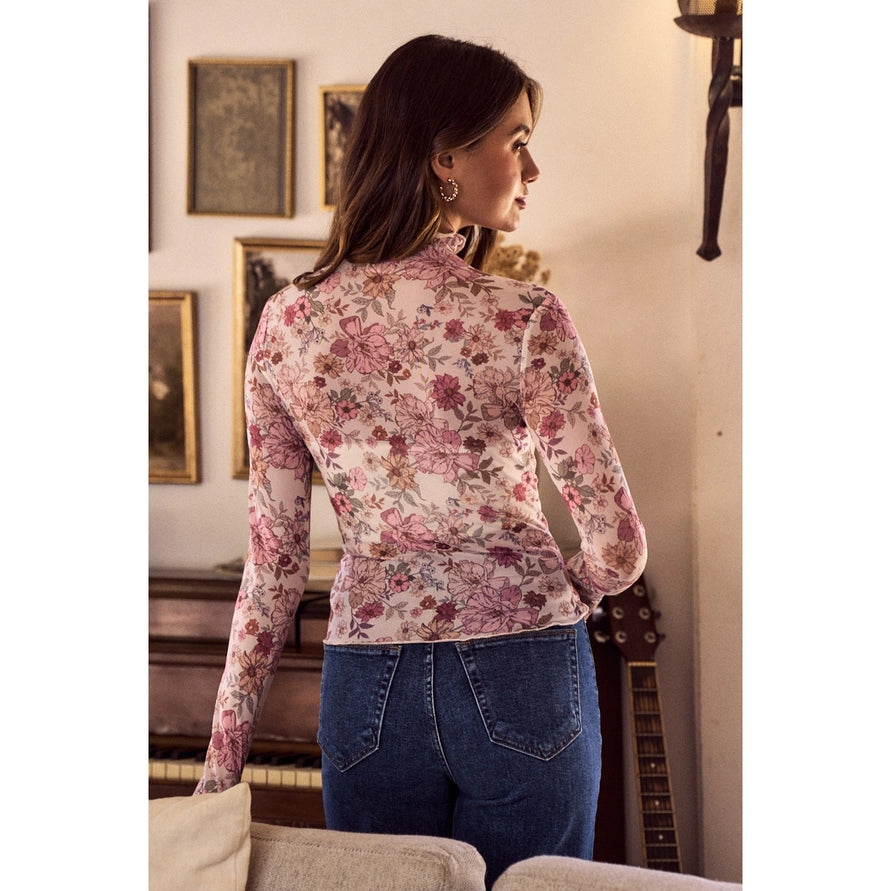 Mesh Floral Print Longe Sleeve Top