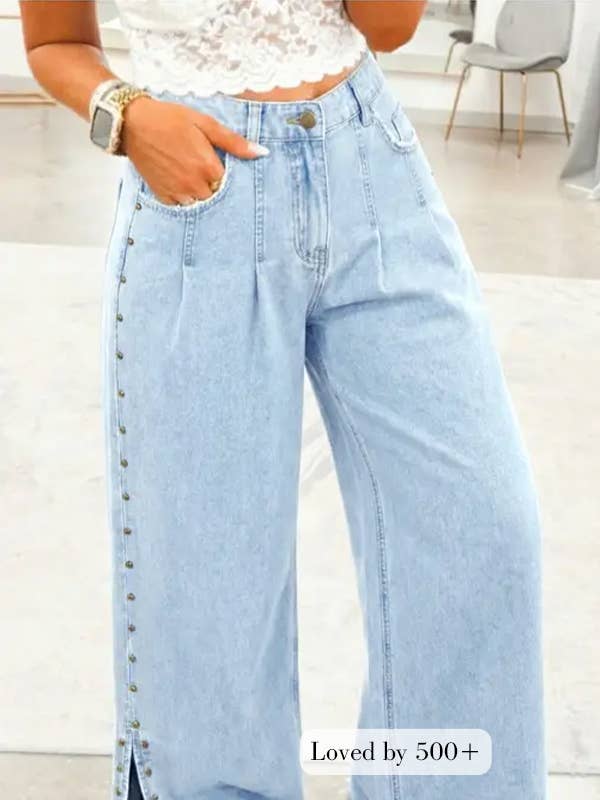 Beau Blue Studded Side Slit Leg Frayed Pocketed Wide Leg Jeans