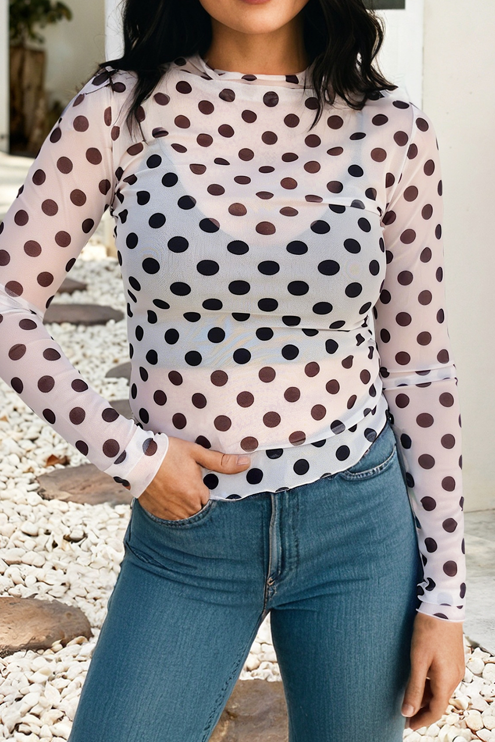 Stand Neck Polka Dot Long Sleeve Blouse
