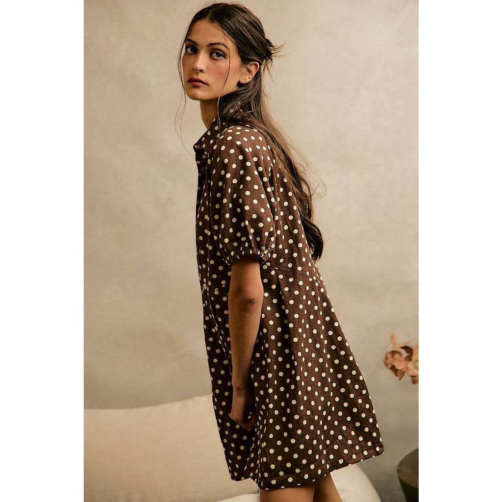 POLKA DOT TWILL PUFF-SLEEVE MINI DRESS