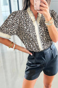 Leopard Print V Neck Blouse with Striped Ruffle Trim