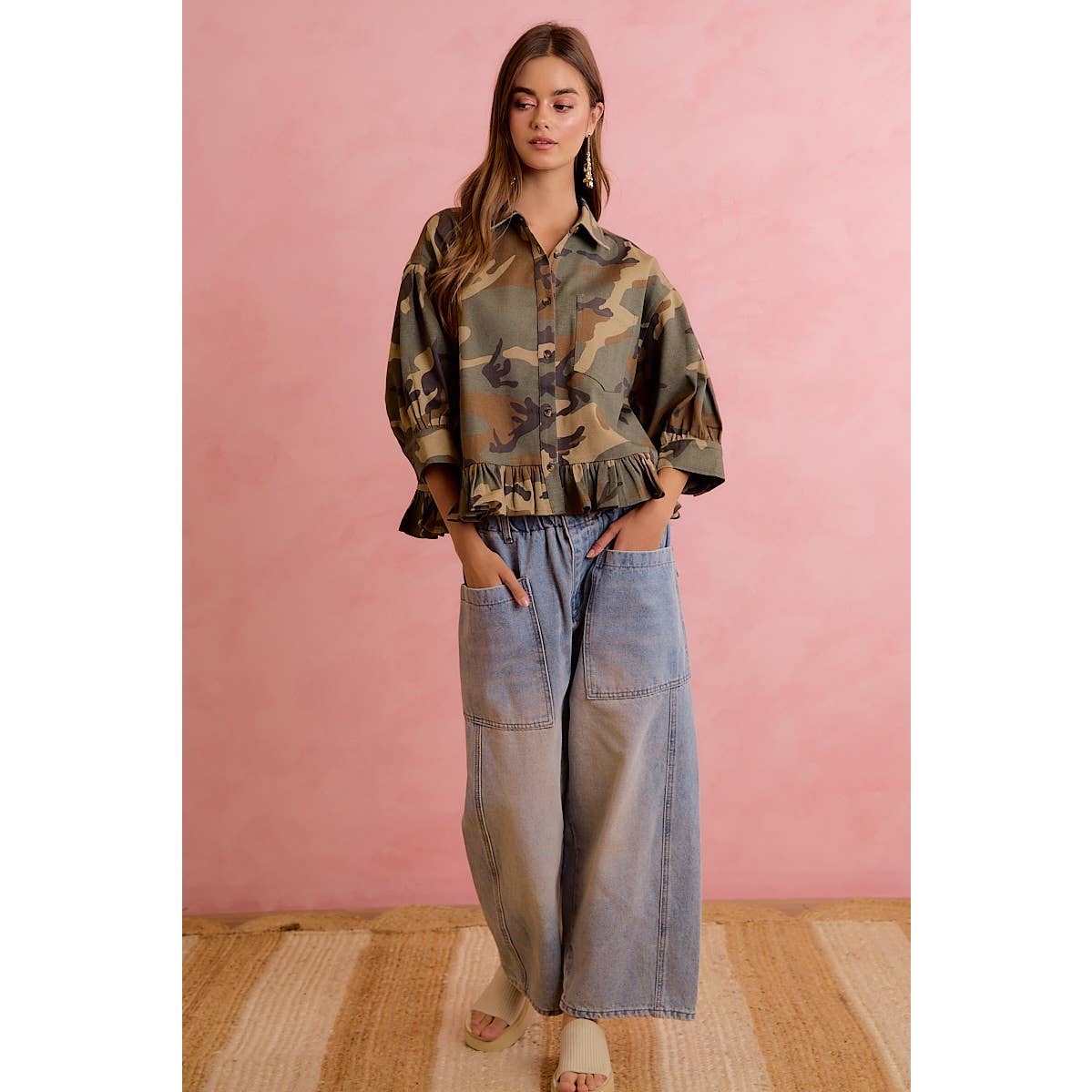 CAMO BUTTON DOWN BLOUSE