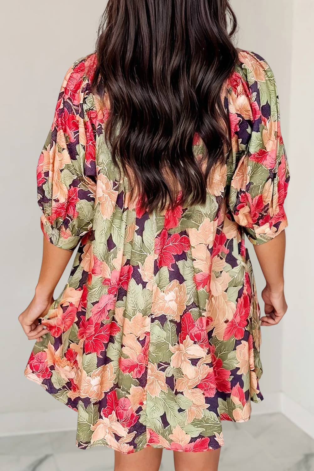 Floral Frilled Collar V Neck Half Sleeve Dress
