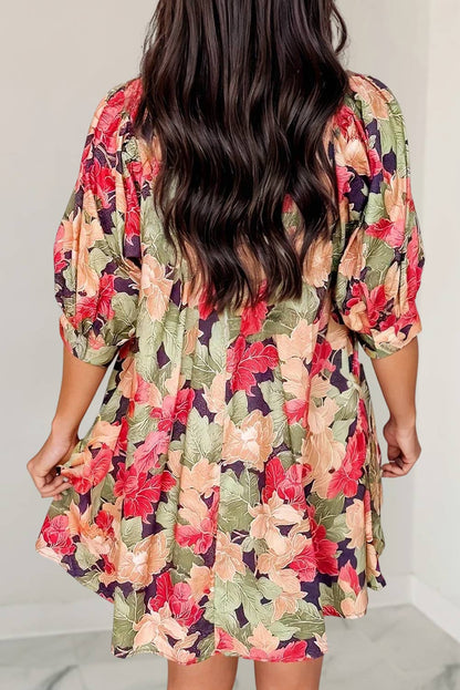 Floral Frilled Collar V Neck Half Sleeve Dress