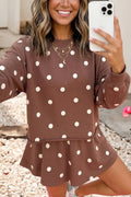 Polka Dot High Waist Long Sleeve Top and Skort Set