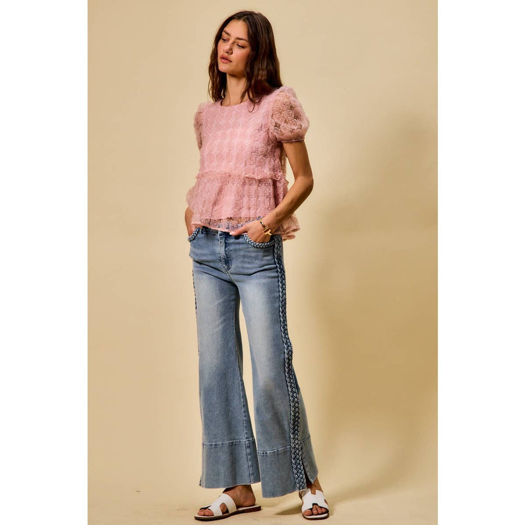 WIDE LEG FLARE DENIM JEANS WITH SIDE  BRAIDS