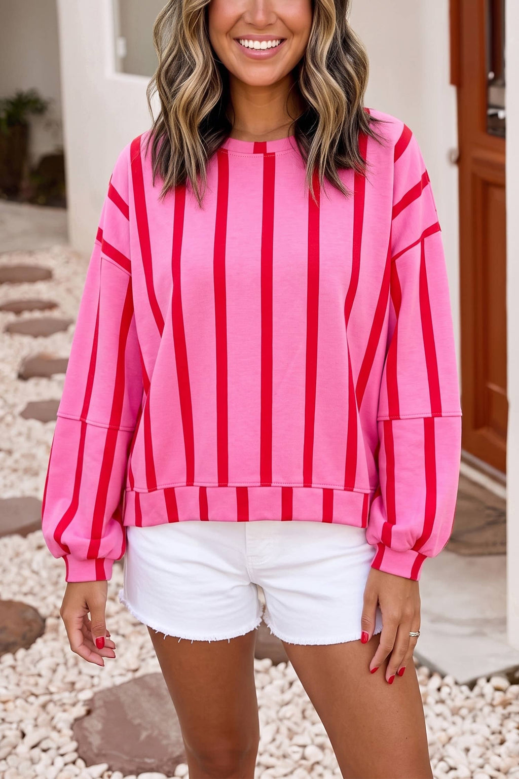 Stripe Dropped Shoulder Round Neck Sweatshirt