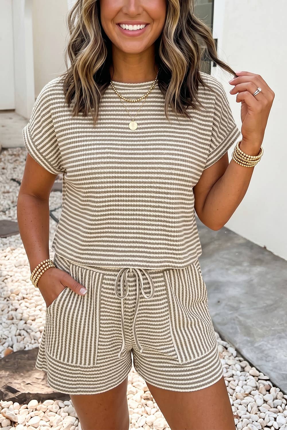 Stripe Breathable Textured Knit Short 2pcs Set