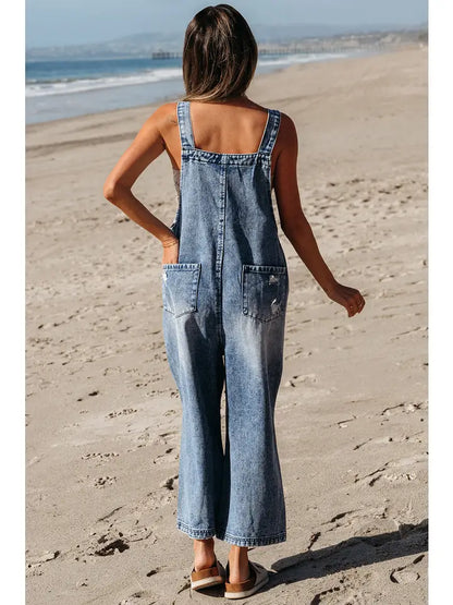 Distressed Denim Capri Overall