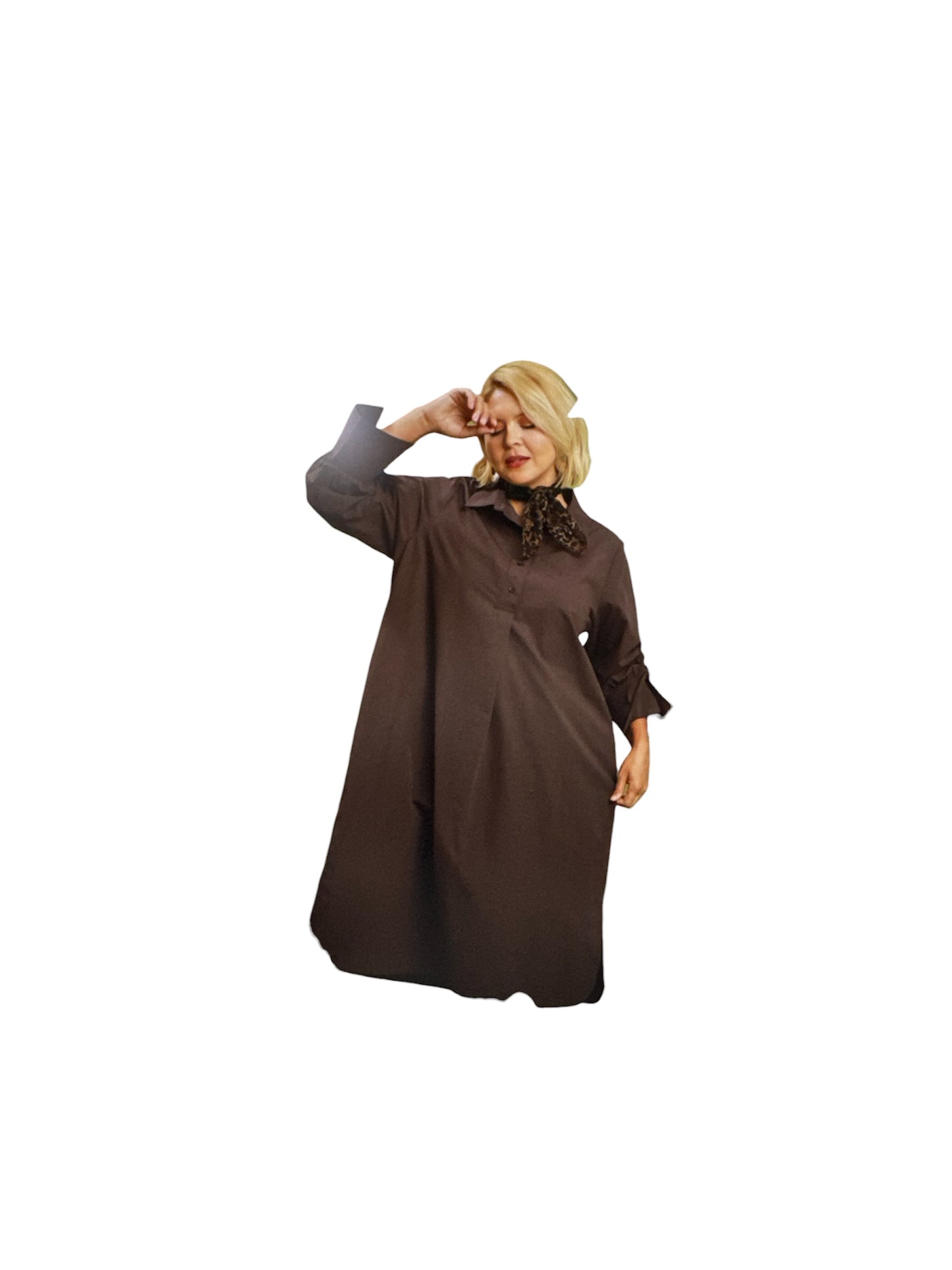 No Lining Collared Short Button Placket 3/4 Sleeve Midi Dress