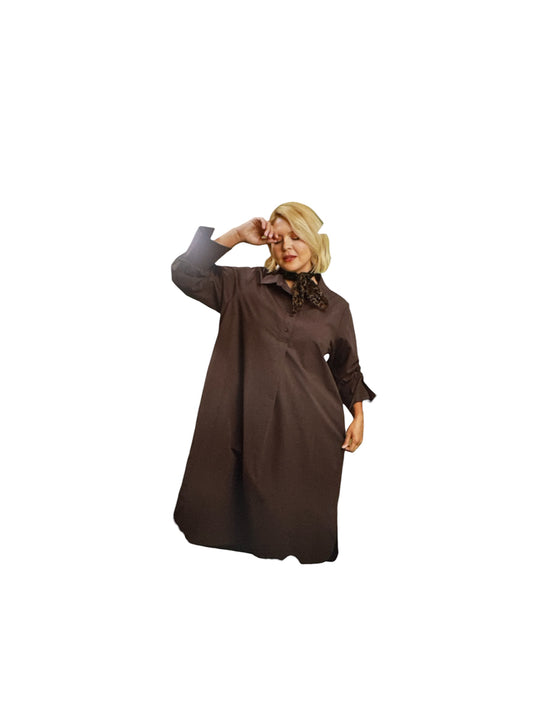No Lining Collared Short Button Placket 3/4 Sleeve Midi Dress