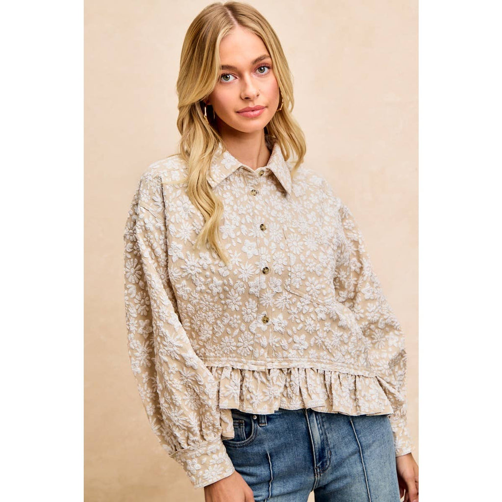 TEXTURED FLORAL PATTERN RUFFLED HEM TOP