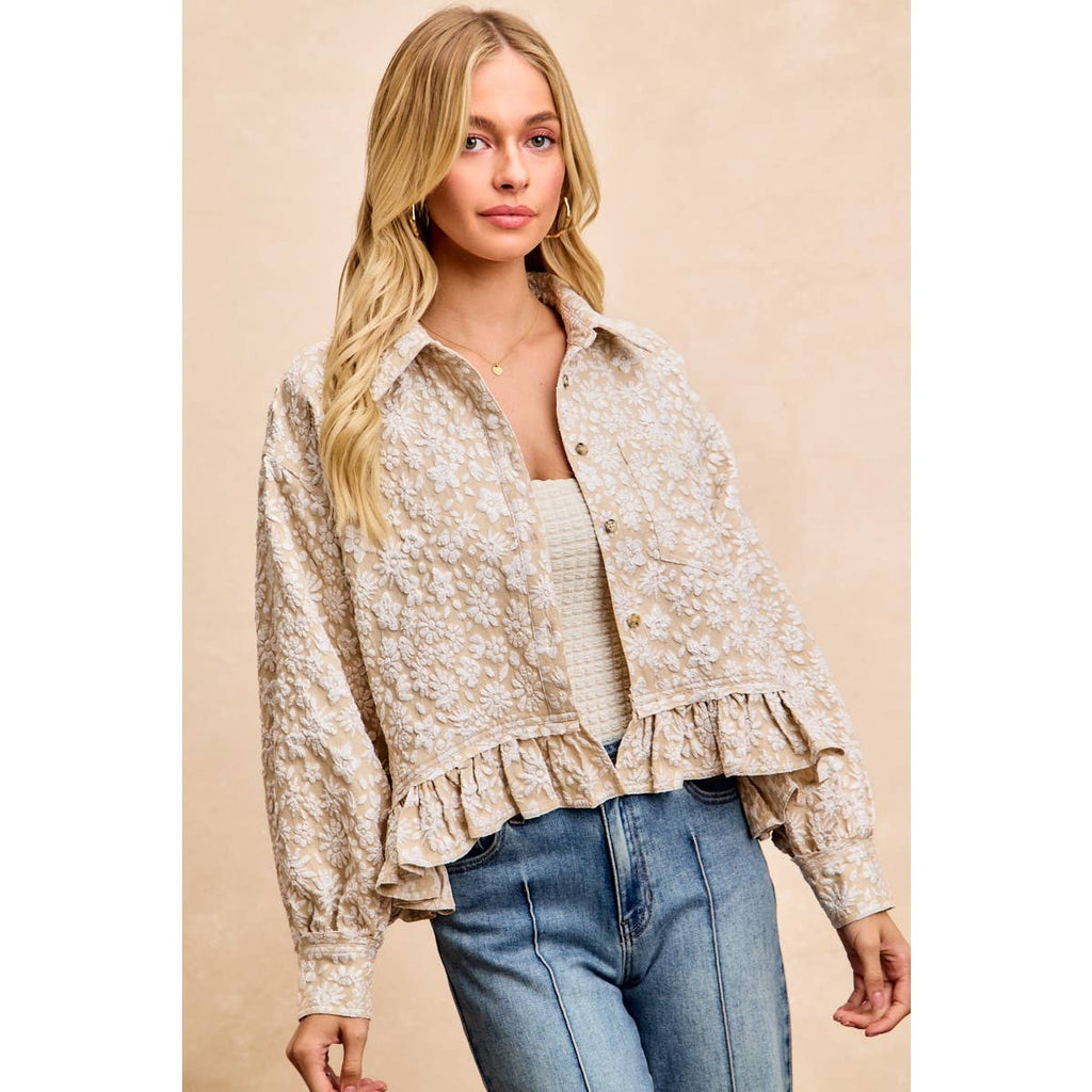 TEXTURED FLORAL PATTERN RUFFLED HEM TOP