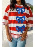 Stripe Sequin Bow Patriotic Half Sleeve Top