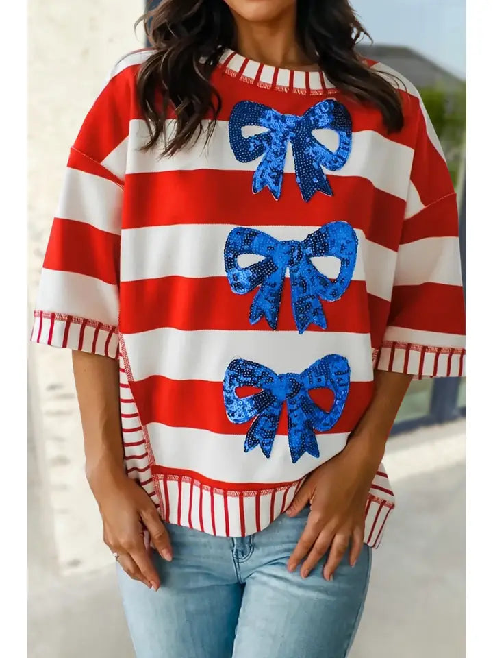 Stripe Sequin Bow Patriotic Half Sleeve Top
