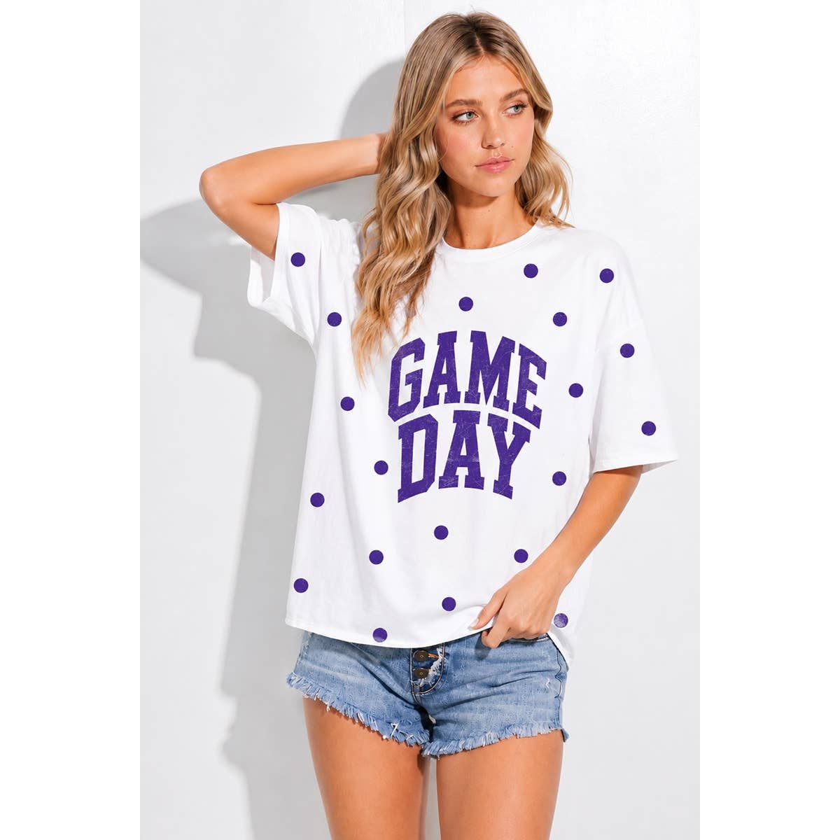 Gameday print side slit short sleeve top