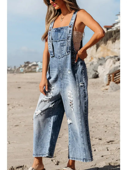 Distressed Denim Capri Overall