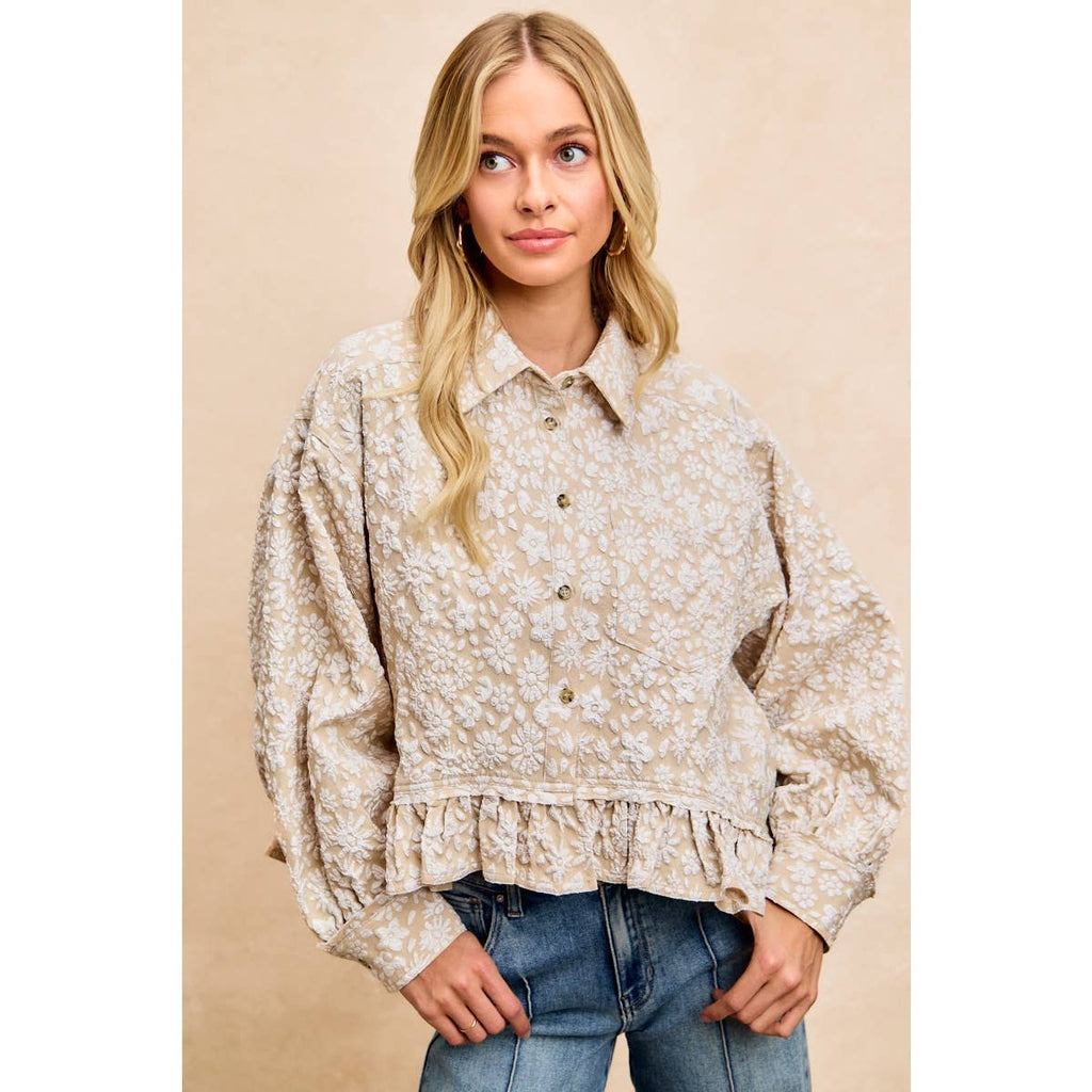 TEXTURED FLORAL PATTERN RUFFLED HEM TOP