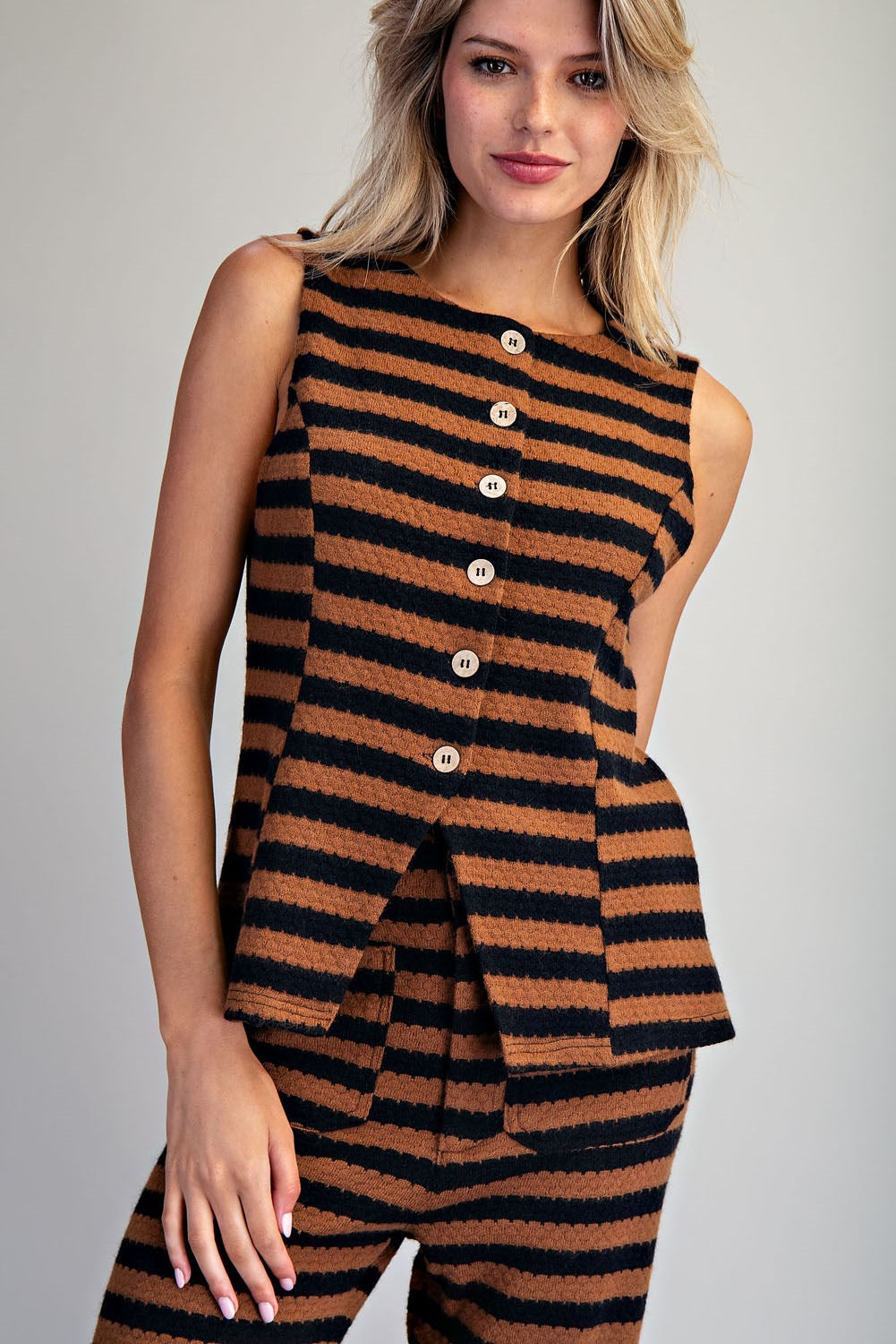 Mocha Scallop Striped Knit Button Down Vest