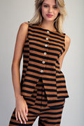 Mocha Scallop Striped Knit Button Down Vest