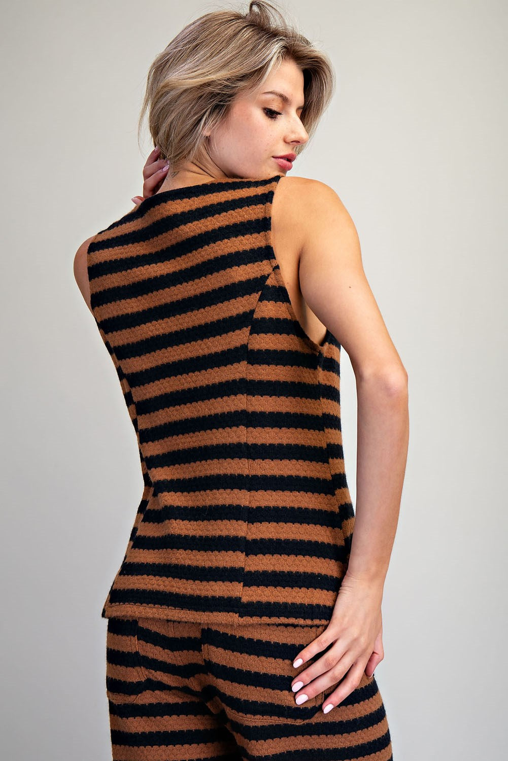 Mocha Scallop Striped Knit Button Down Vest
