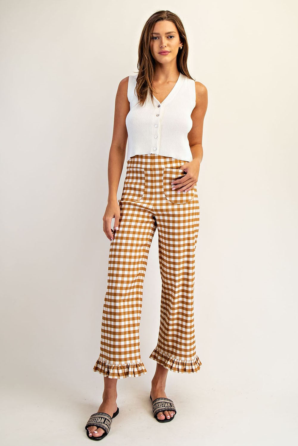 Gingham Ruffle Trim Straight Leg Pants