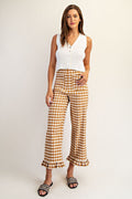 Gingham Ruffle Trim Straight Leg Pants