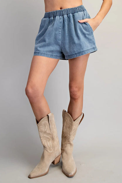 Solid Elastic Waist Denim Shorts