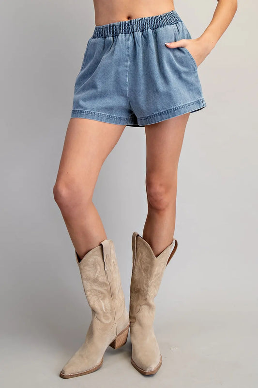 Solid Elastic Waist Denim Shorts