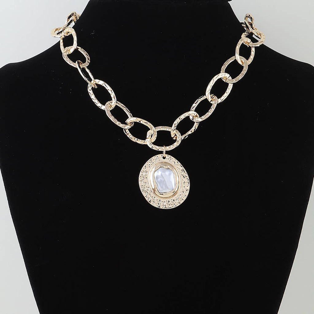 Hammered Pearl Disc Chain Necklace