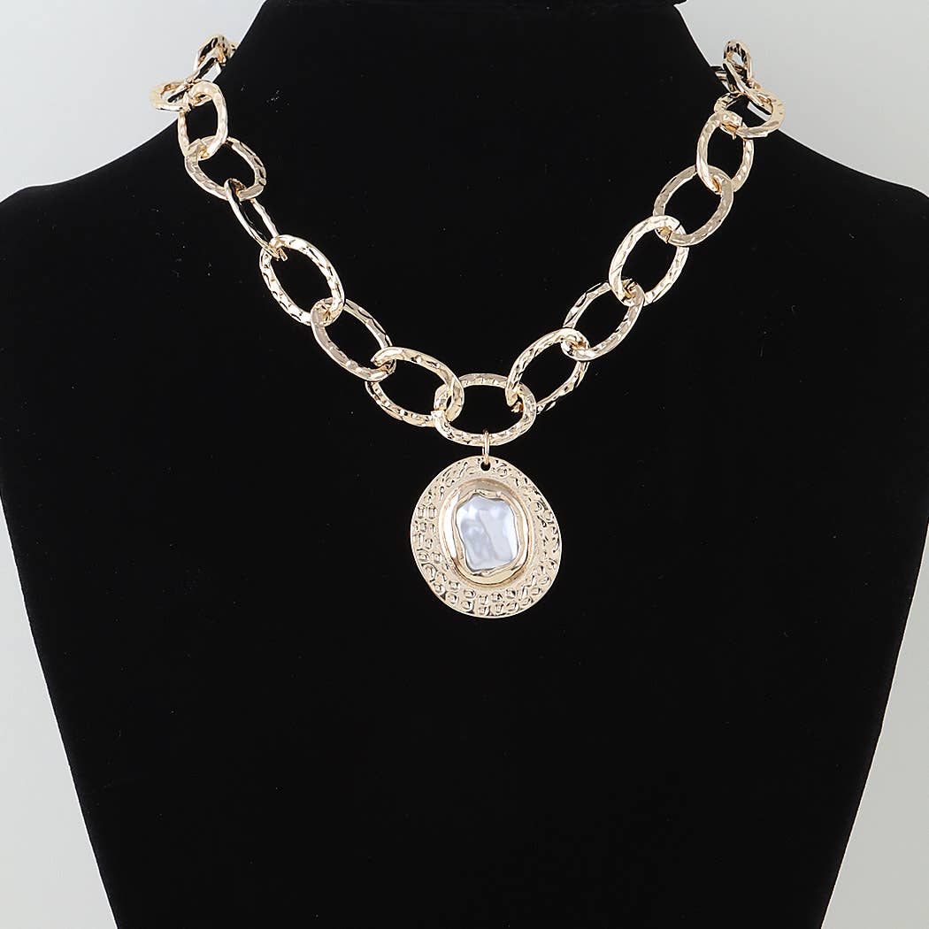 Hammered Pearl Disc Chain Necklace