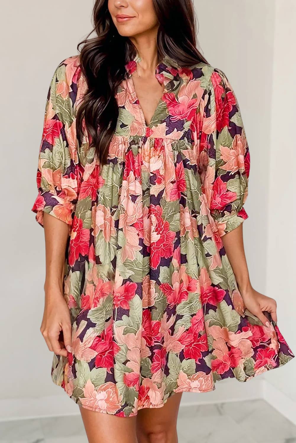 Floral Frilled Collar V Neck Half Sleeve Dress