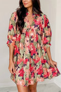 Floral Frilled Collar V Neck Half Sleeve Dress