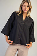 Back Pleat Button Down Blouse - Black