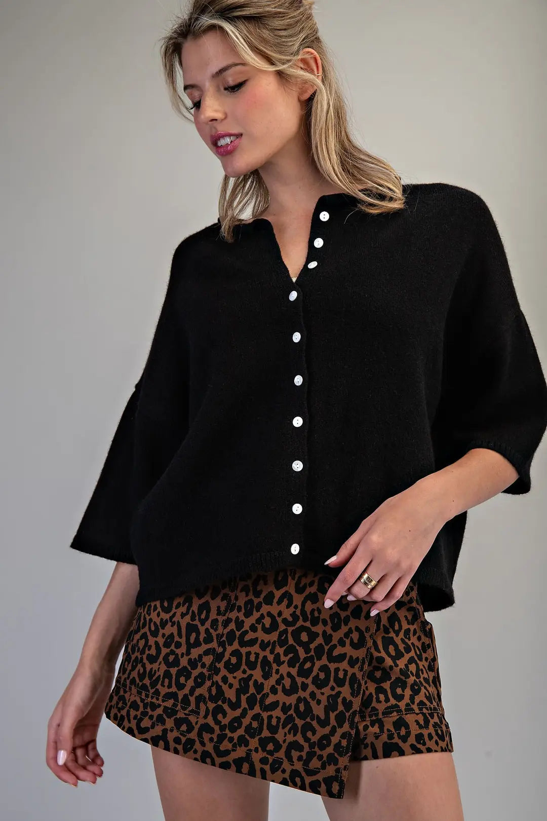 Solid Button Down Half Sleeve Cardigan - Black