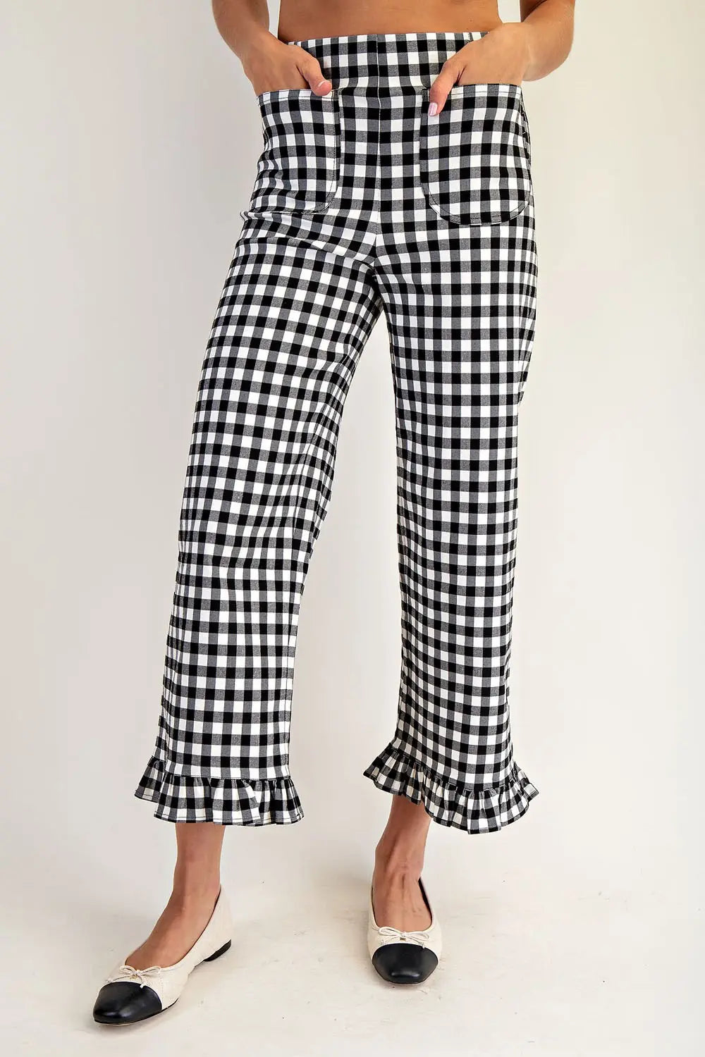 Gingham Ruffle Trim Straight Leg Pant