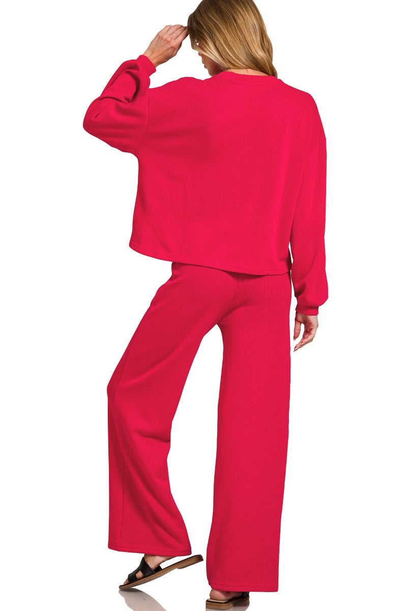 French Ribbed Pants Set-Ruby